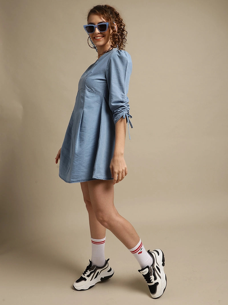 sky blue denim flared dress for women