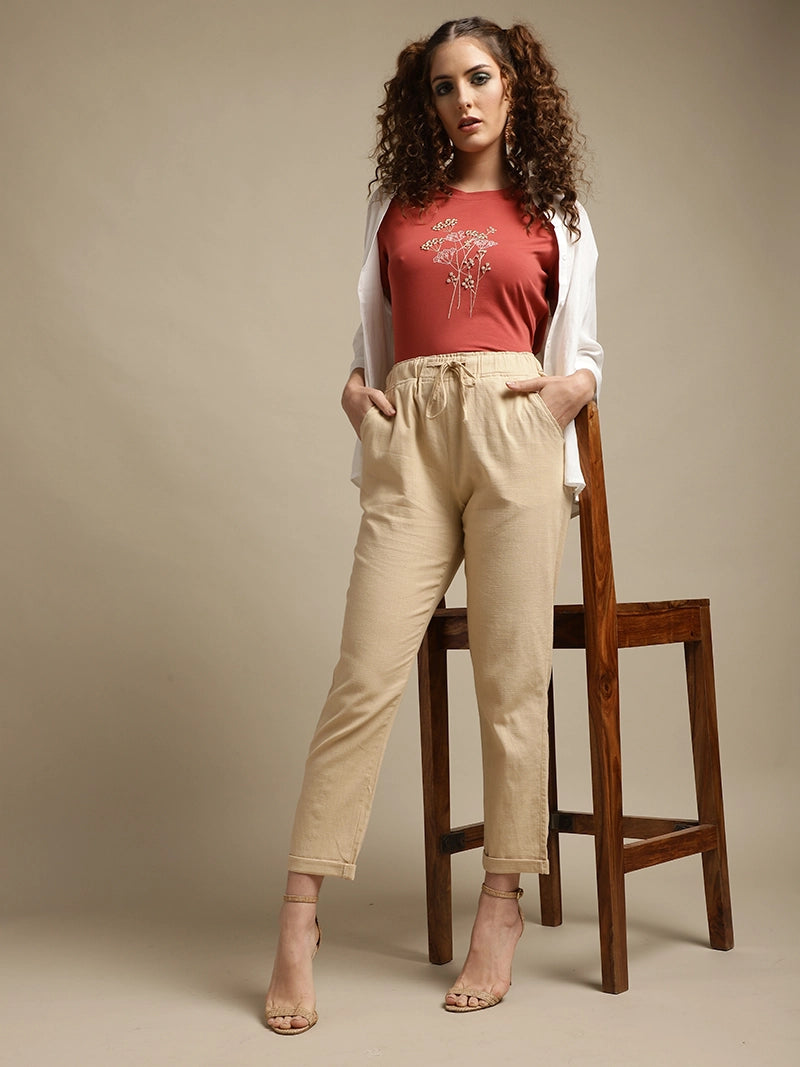 Beige Ankle Length Cotton Lower - Global Republic