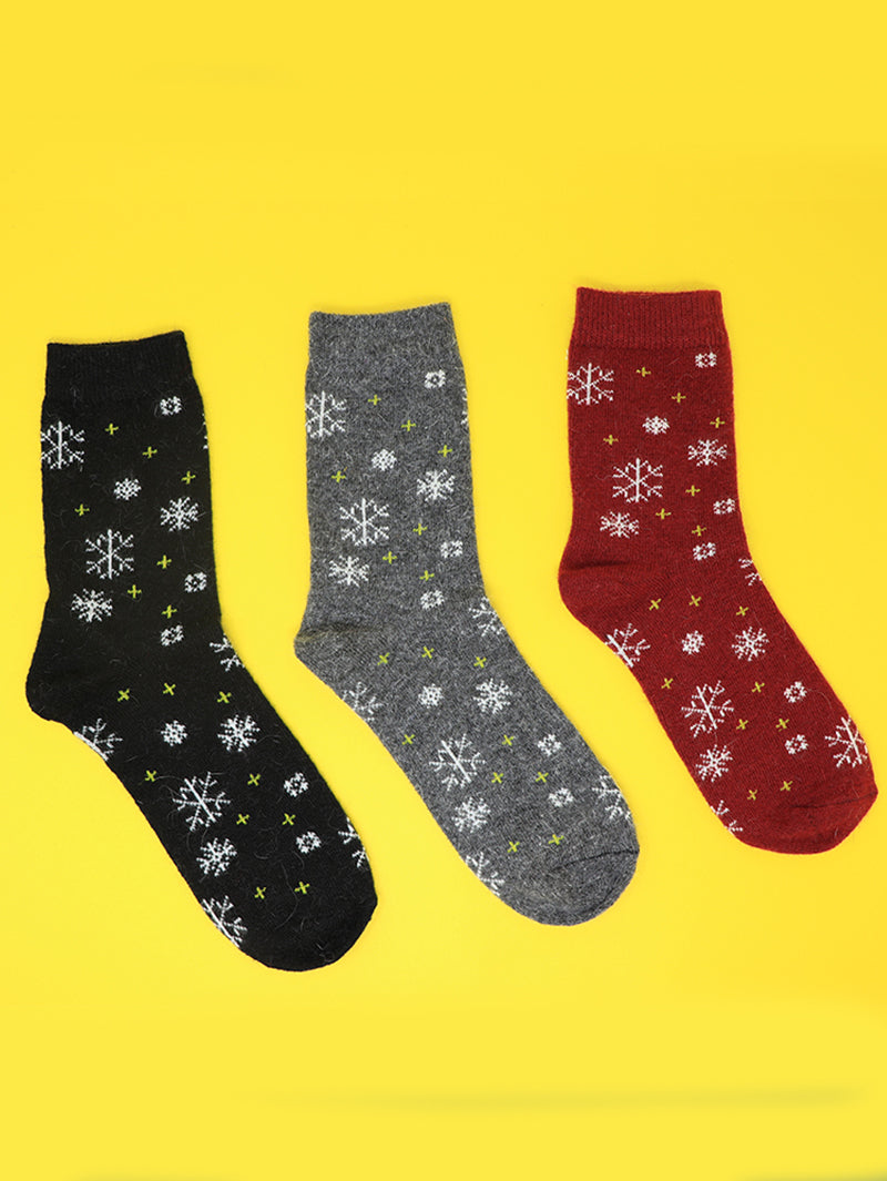 Pack of 3 Wool Printed Socks (Black ,Grey And Maroon)