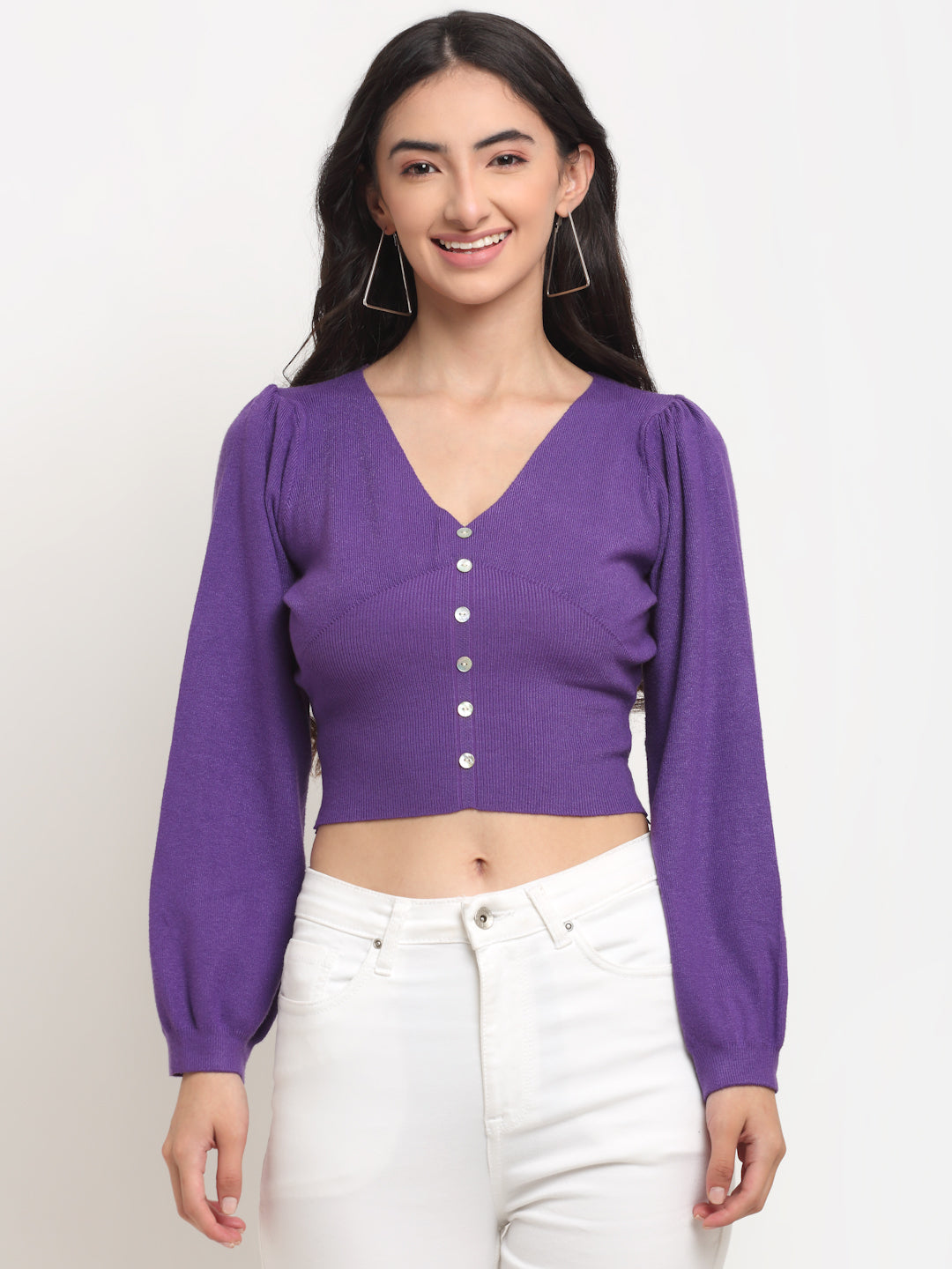 Women Purple V-Neck Knitted Solid Pullover