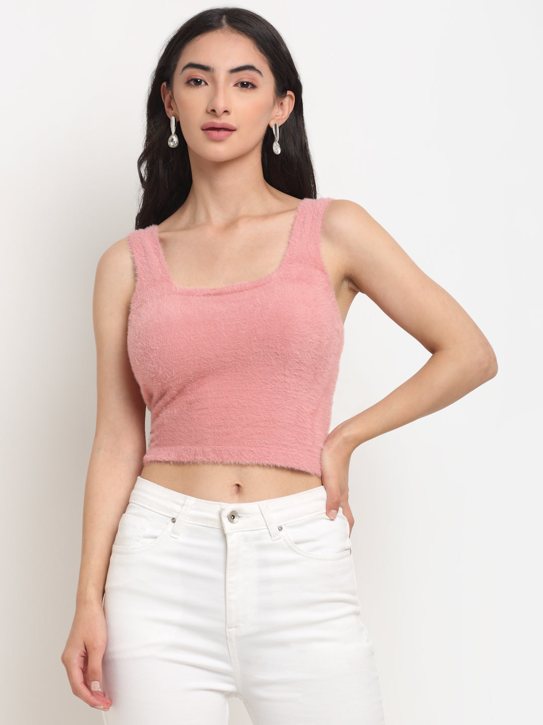 Women Pink Square Neck Knitted Solid Pullover