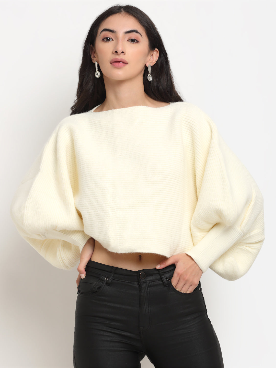 Women White Round Neck Solid Pullover