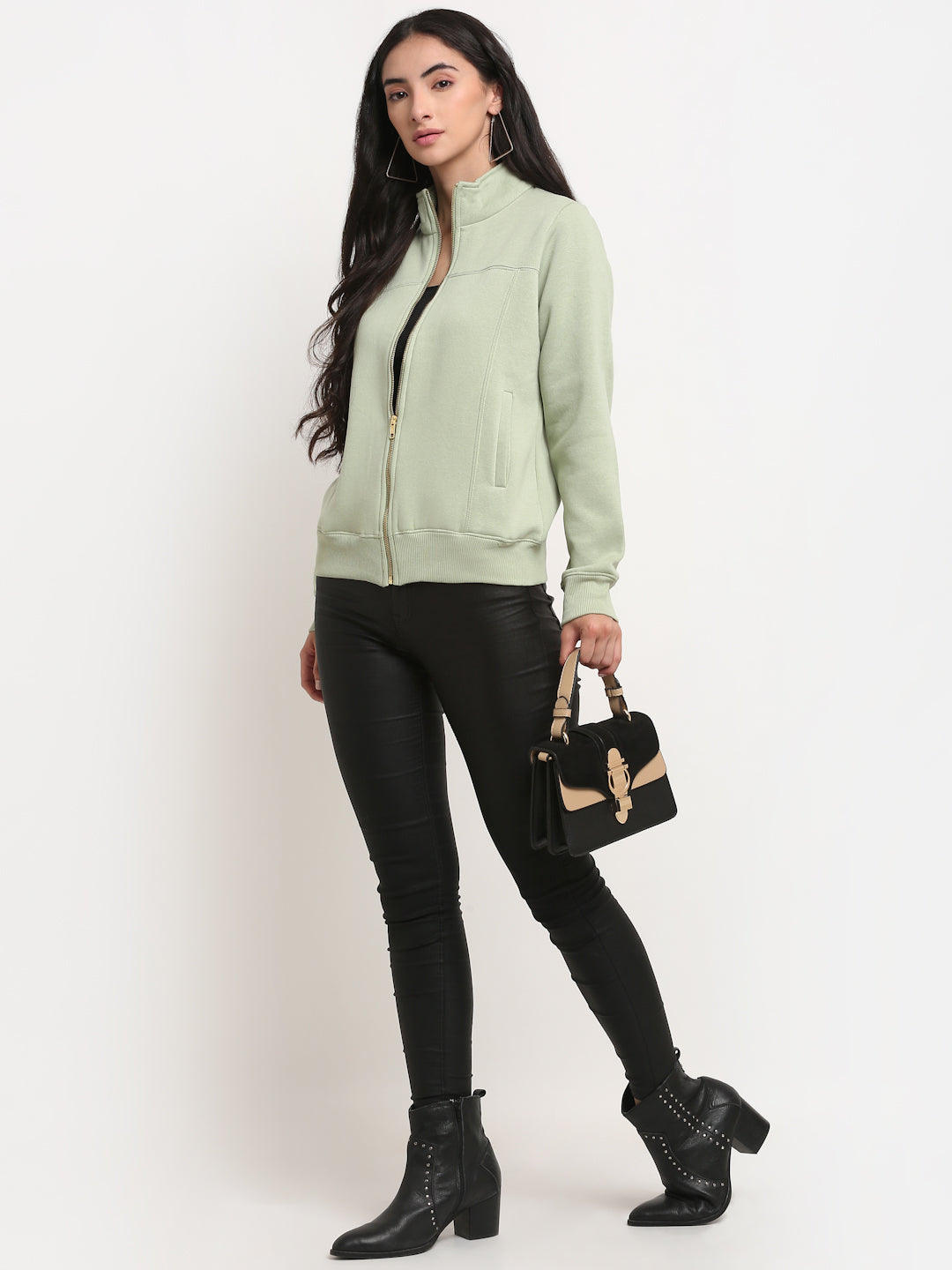 Women Green Regular Fit Collared Zipper Sweatshirt - Global Republic