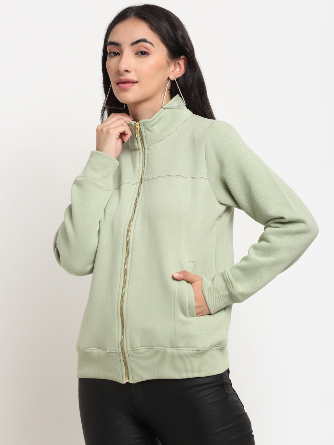 Women Green Regular Fit Collared Zipper Sweatshirt - Global Republic