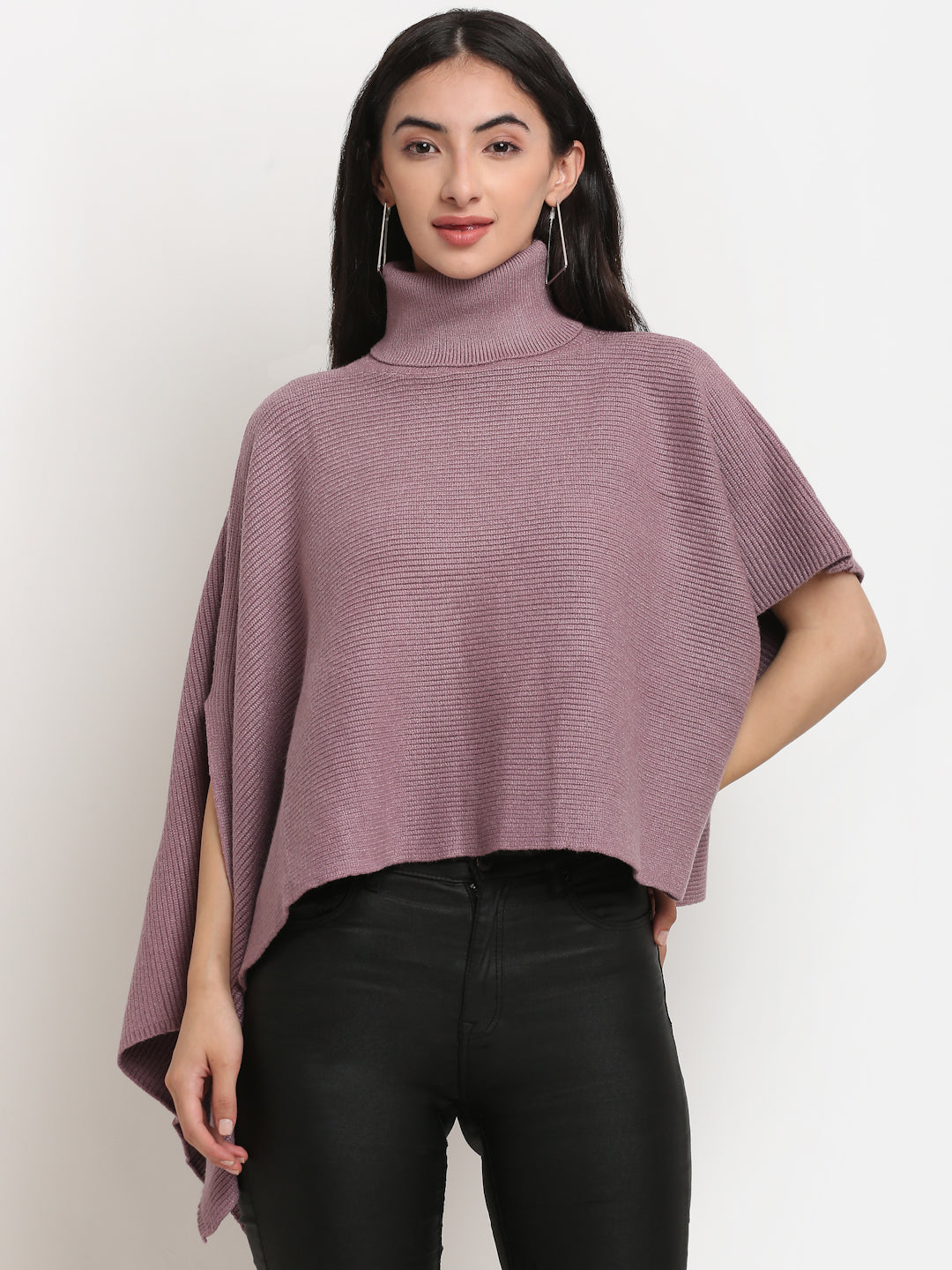 Women Pink High Neck Solid Ponchu