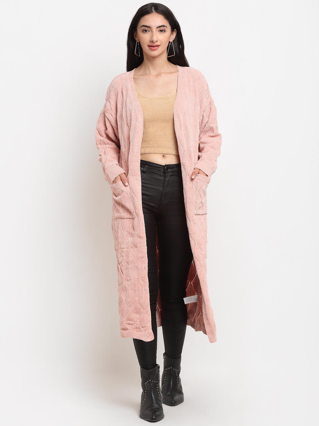 Pink Wool Blend Loose Fit Long Shrug - Global Republic