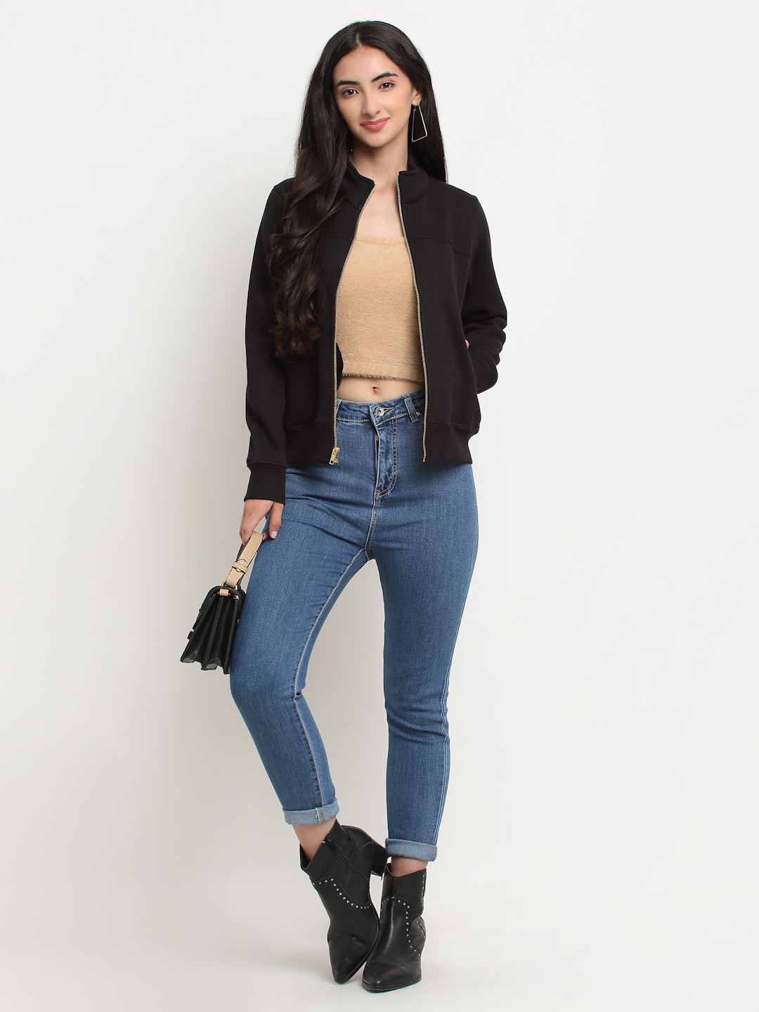 Women Black Straight Fit Zipper Hooded Sweatshirt - Global Republic