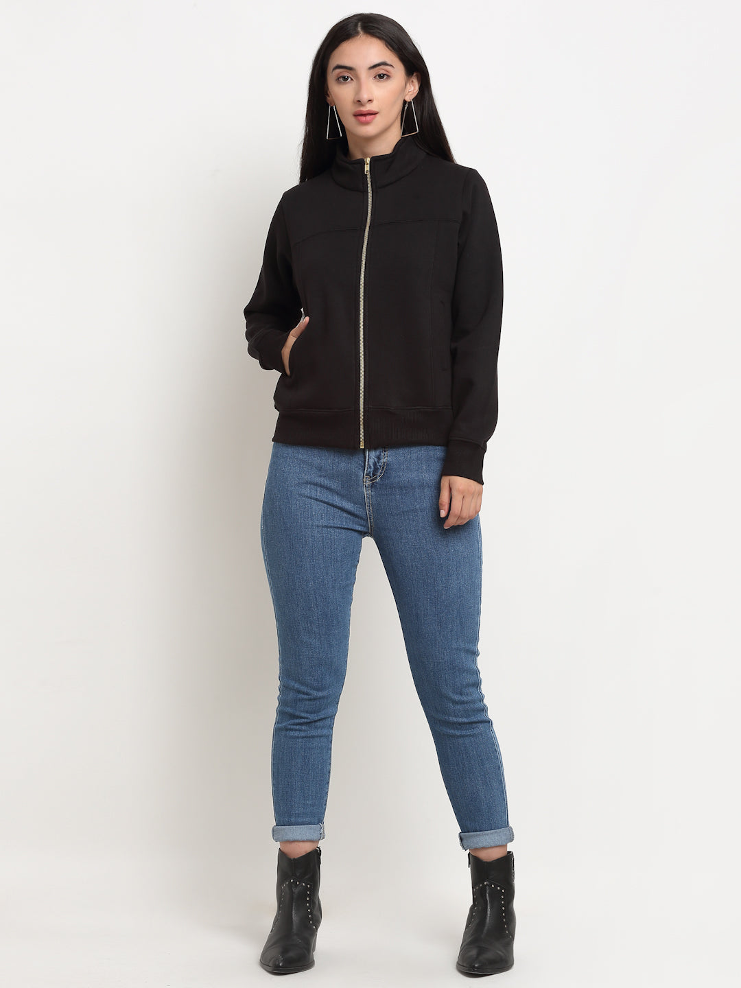 Women Black Straight Fit Zipper Hooded Sweatshirt - Global Republic
