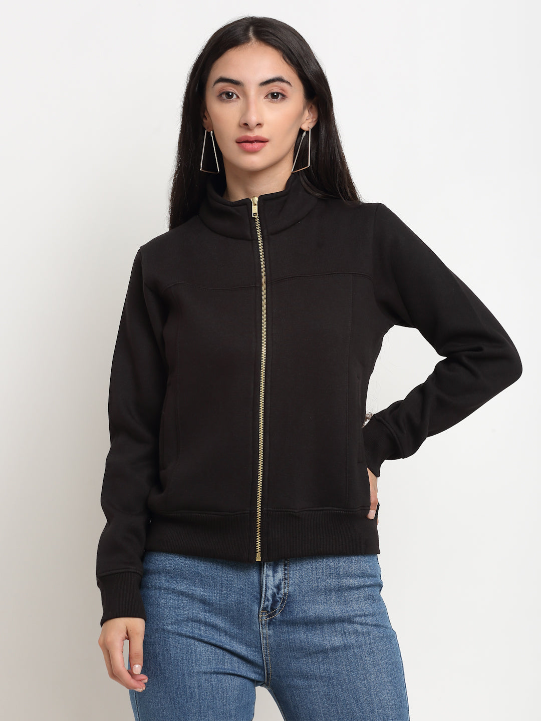 Women Black Straight Fit Zipper Hooded Sweatshirt - Global Republic