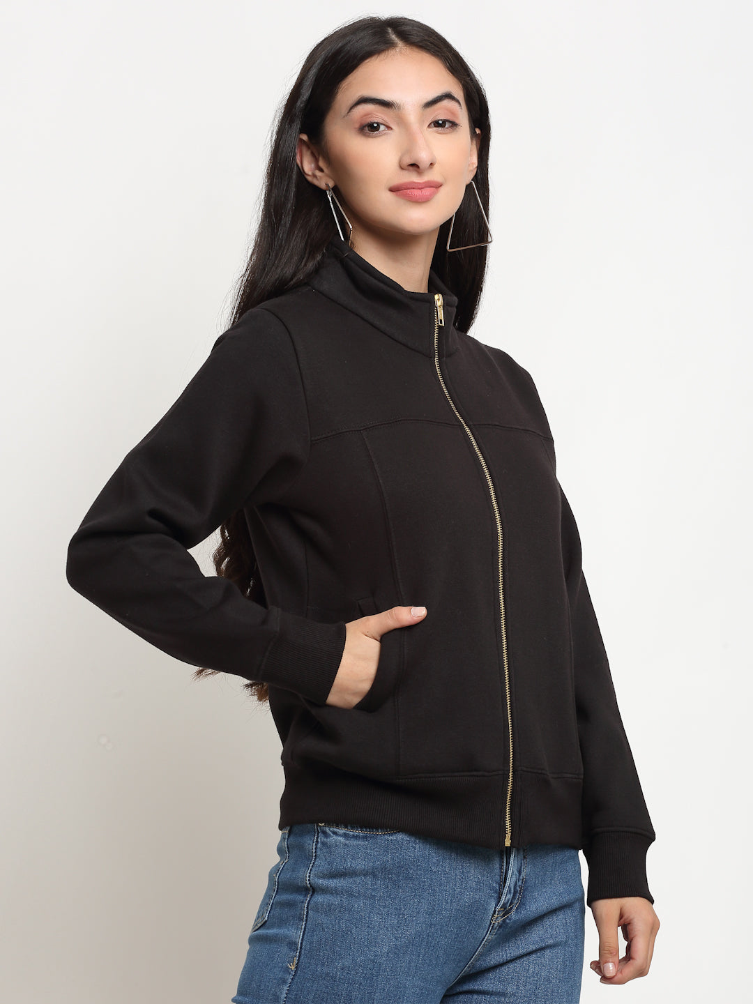 Women Black Straight Fit Zipper Hooded Sweatshirt - Global Republic