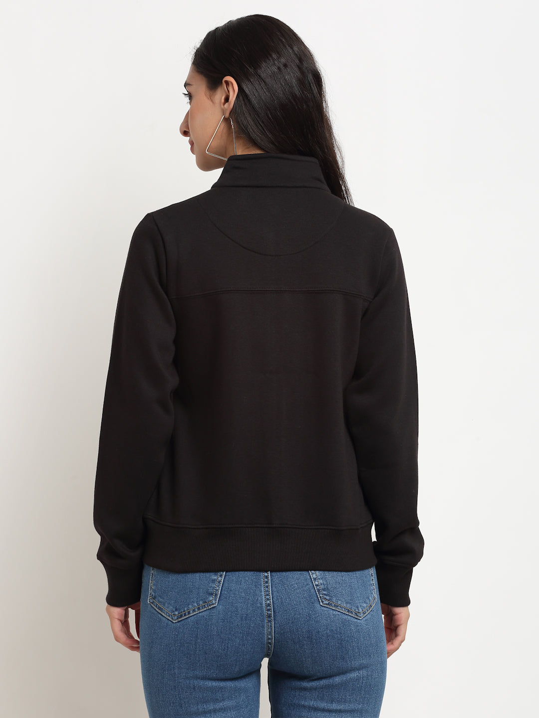Women Black Straight Fit Zipper Hooded Sweatshirt - Global Republic