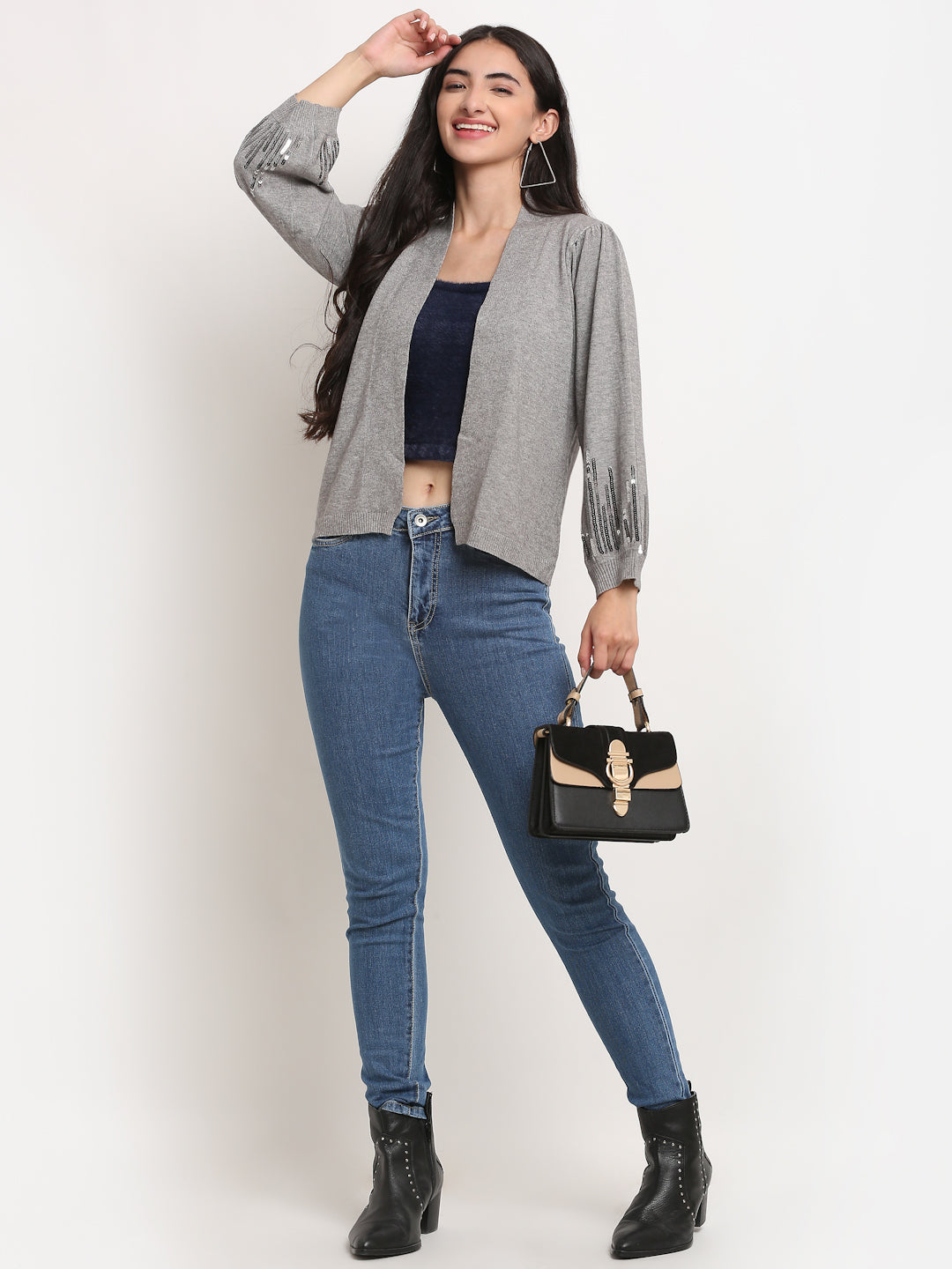 Women Grey Open Neck Loose Fit Shrug - Global Republic