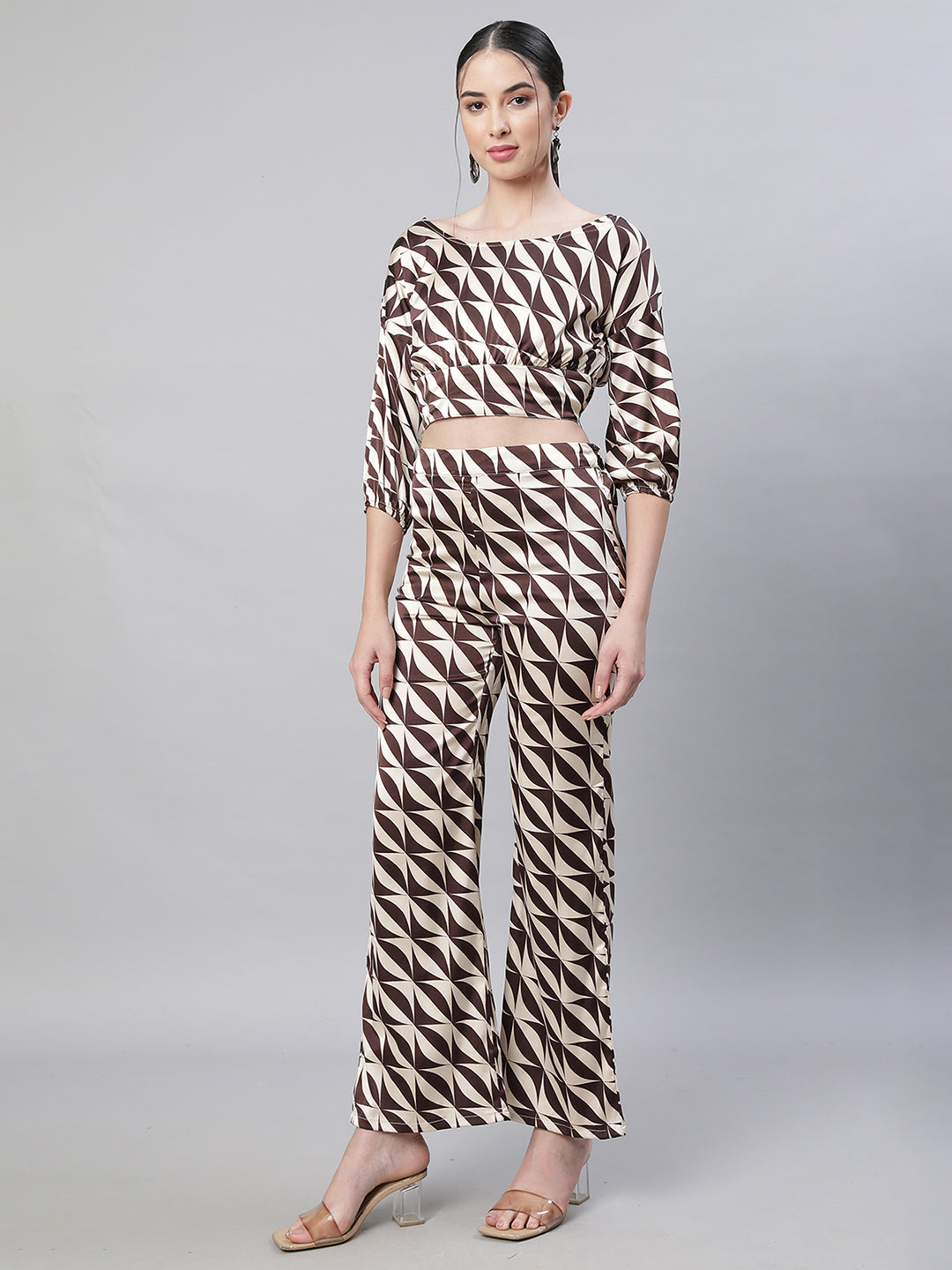 Women Brown Oval Neck Printed  Co-ord Set