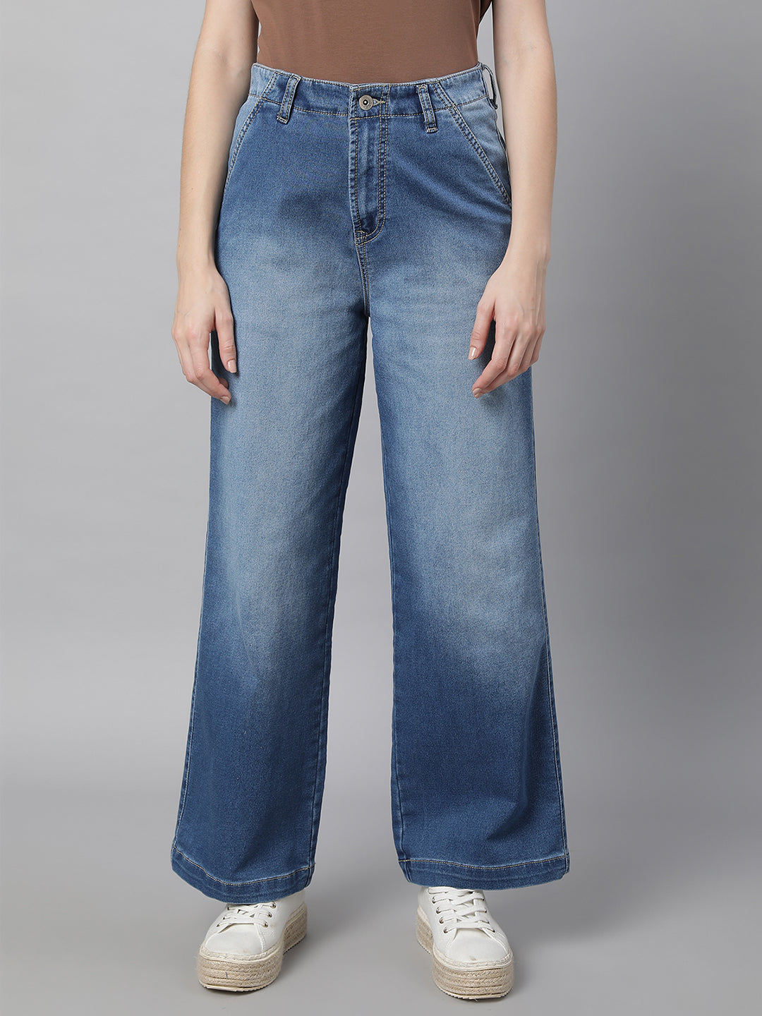 Women Light Blue Loose Fit Wide Leg Stretchable Jeans - Global Republic