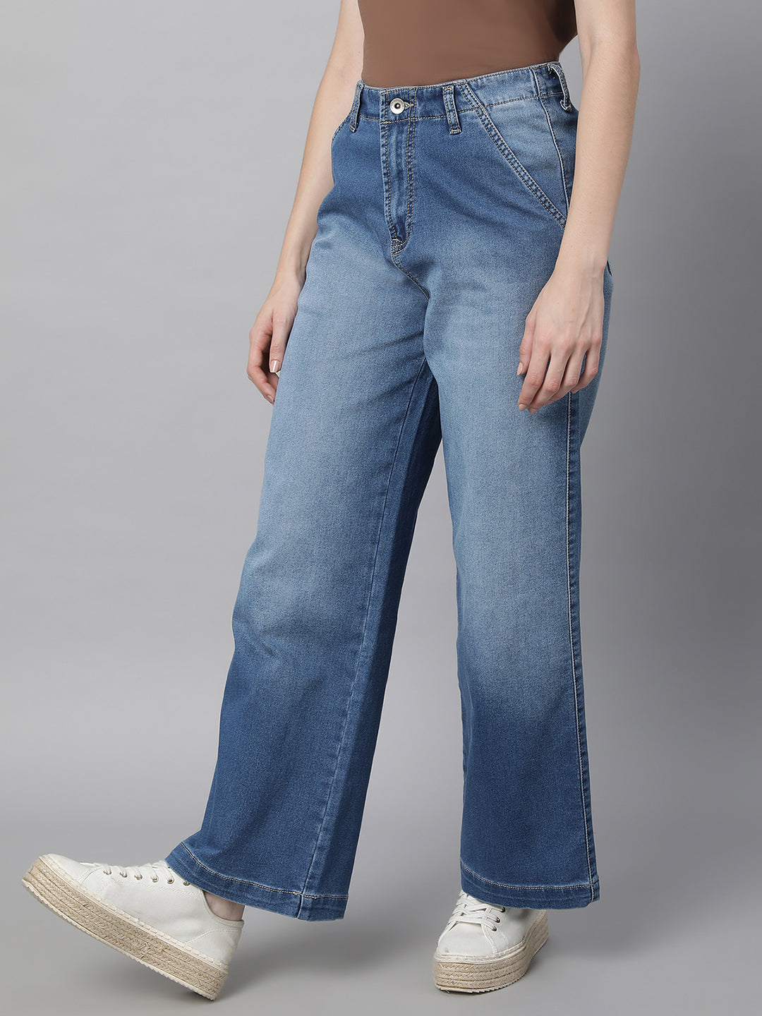 Women Light Blue Loose Fit Wide Leg Stretchable Jeans - Global Republic
