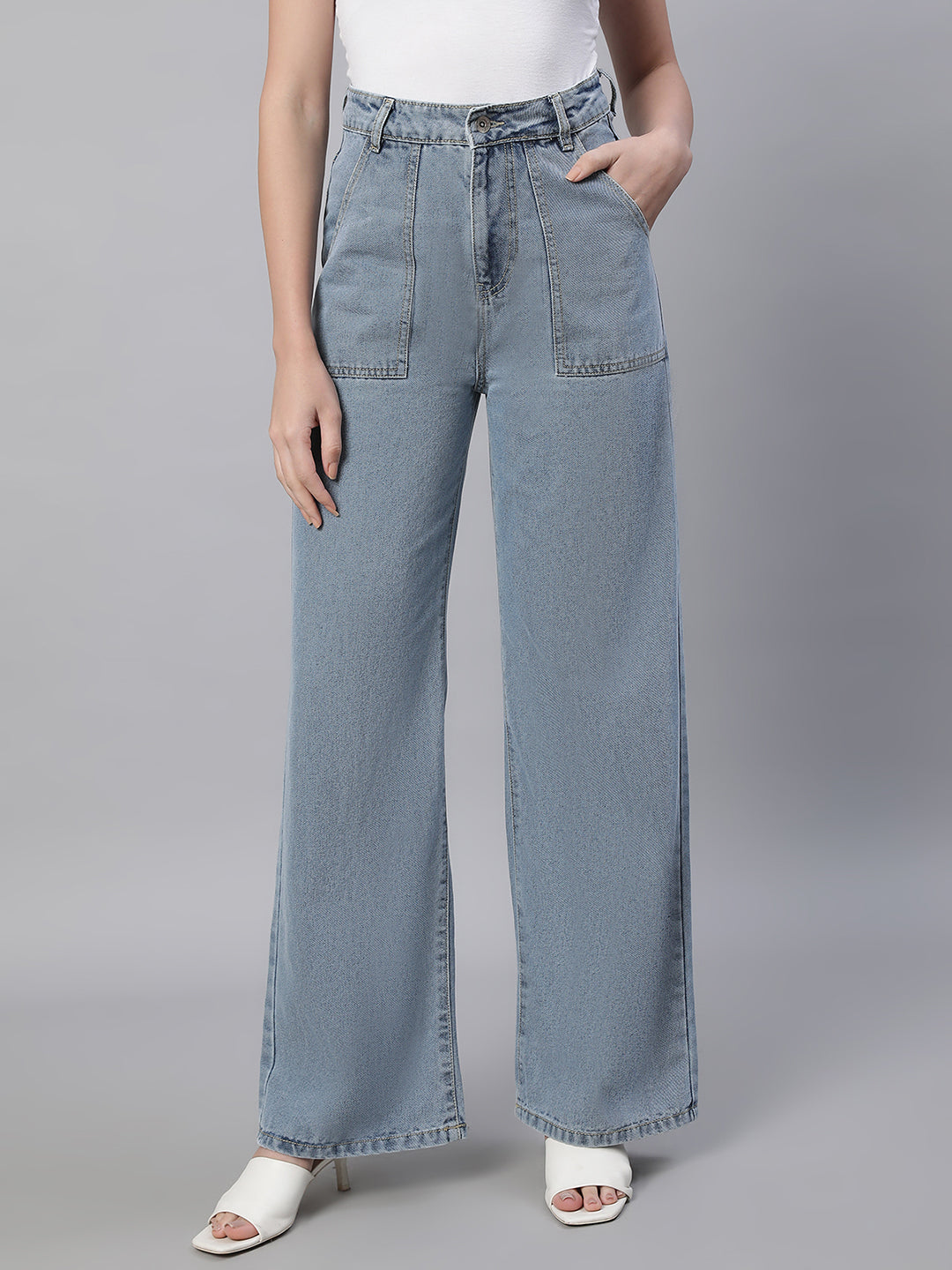 Light Blue Micro-Flare Lace Stretch Jeans for Women main image 0