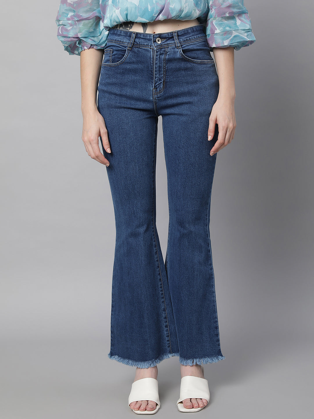 Women High Rise Slim Fit Bell Bottom Blue Jeans - Global Republic