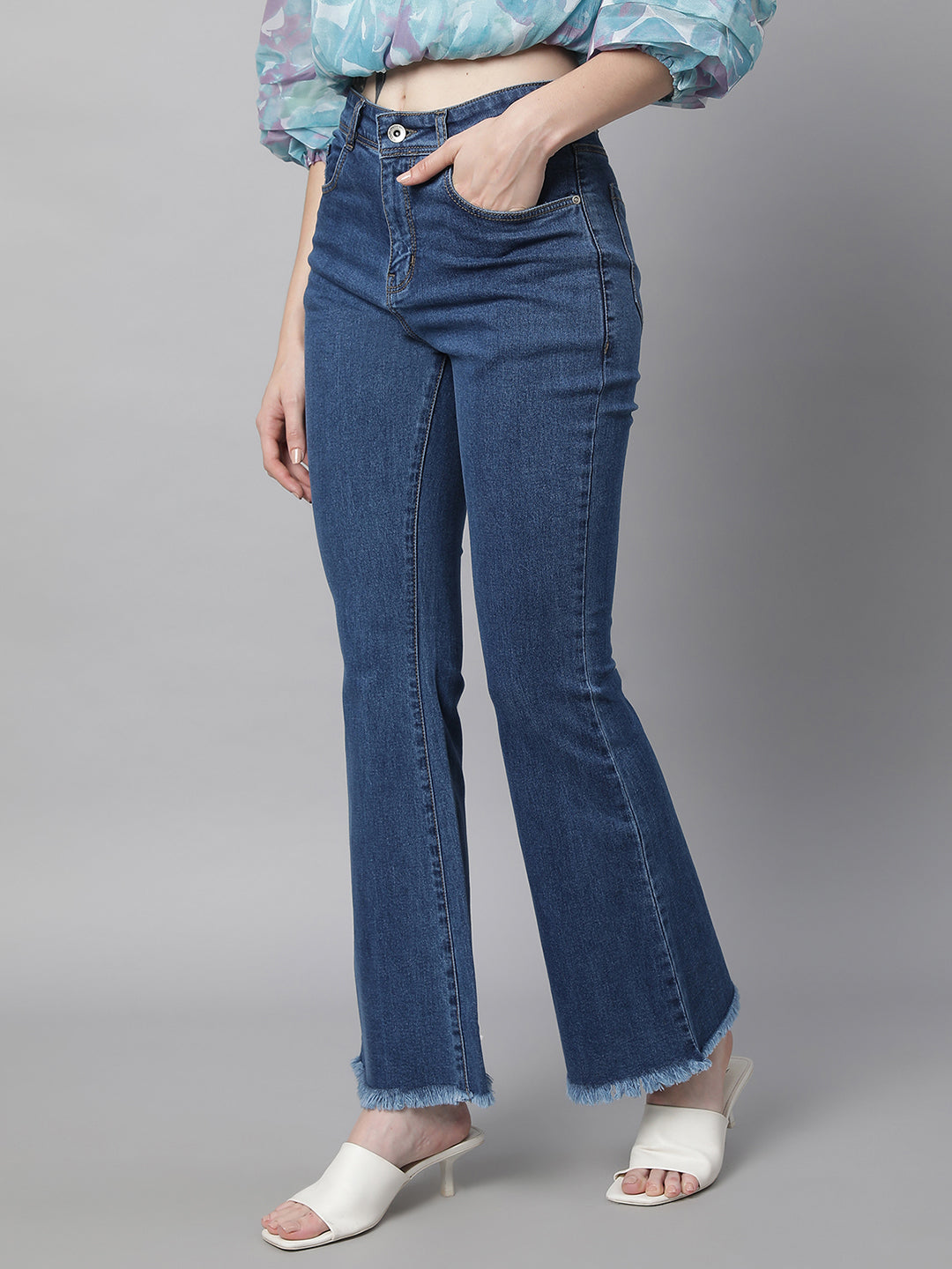 Women High Rise Slim Fit Bell Bottom Blue Jeans - Global Republic