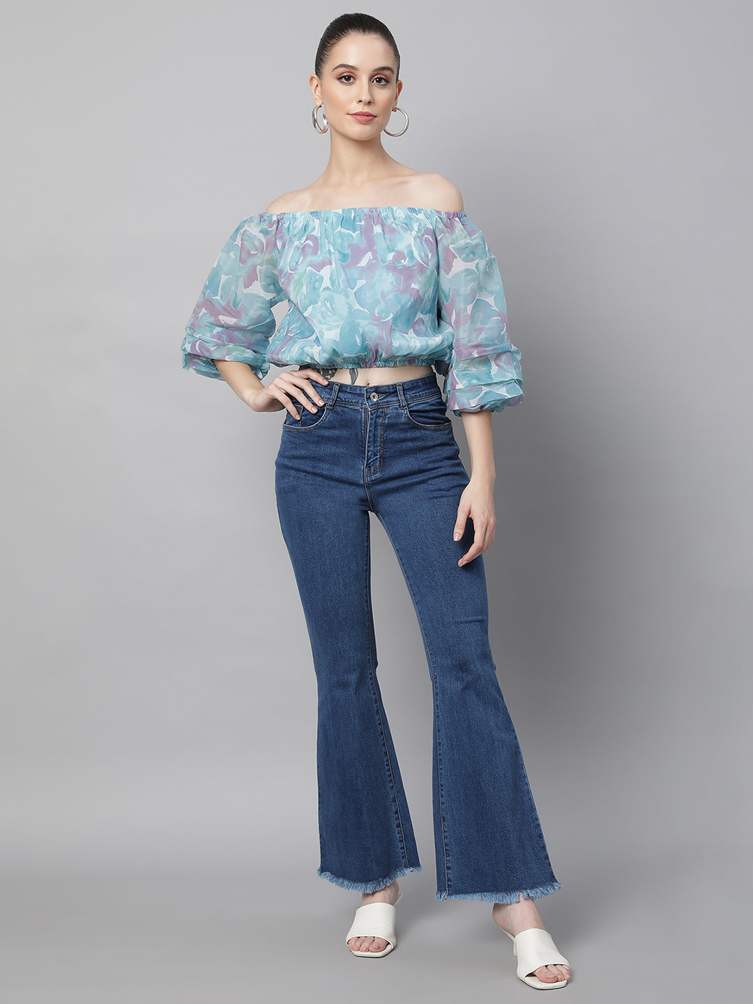 Women High Rise Slim Fit Bell Bottom Blue Jeans - Global Republic