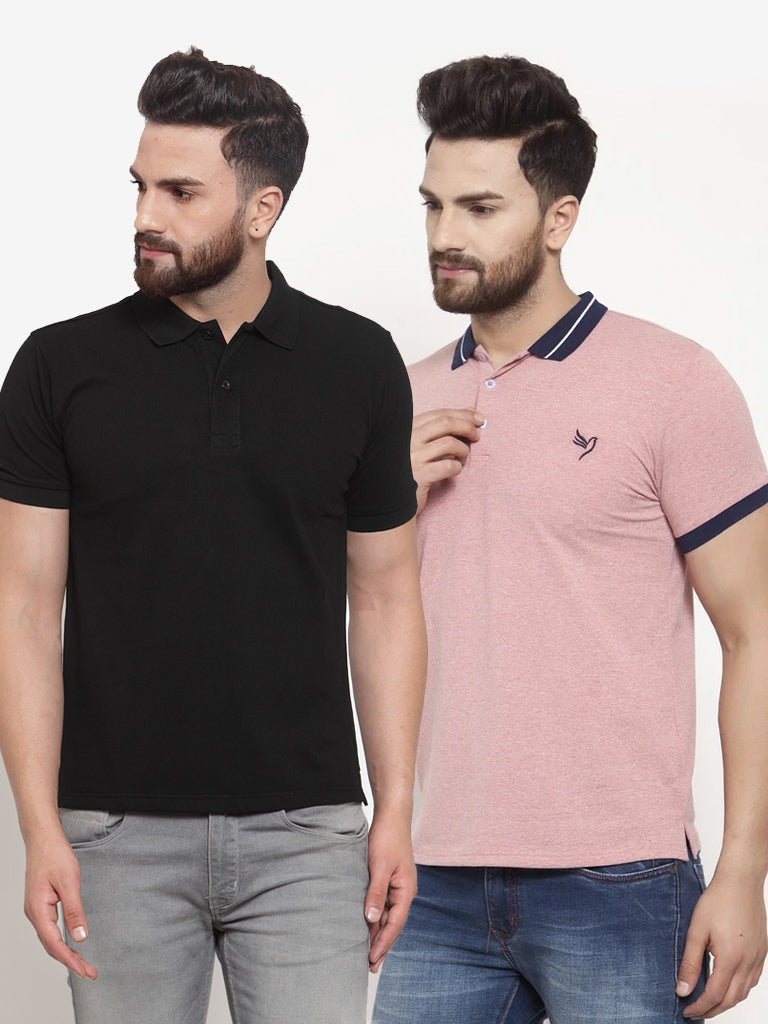 Mens Plain Black And Red Combo Of 2 Collar T-Shirts