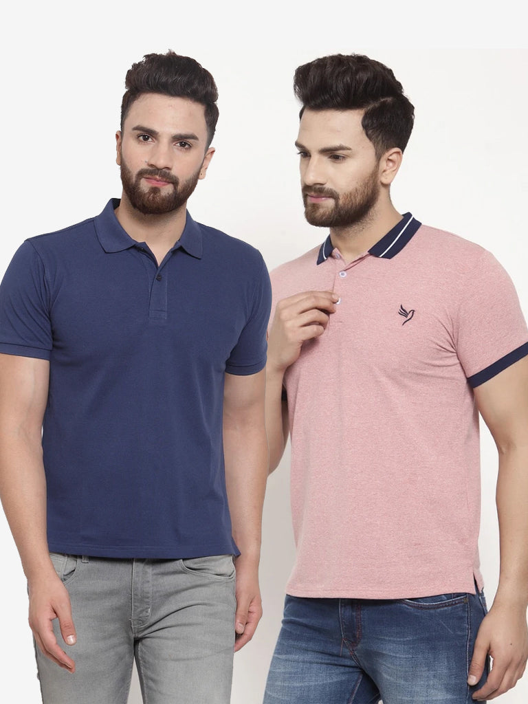 Mens Plain Indigo And Red Combo Of 2 Collar Polo T-Shirts