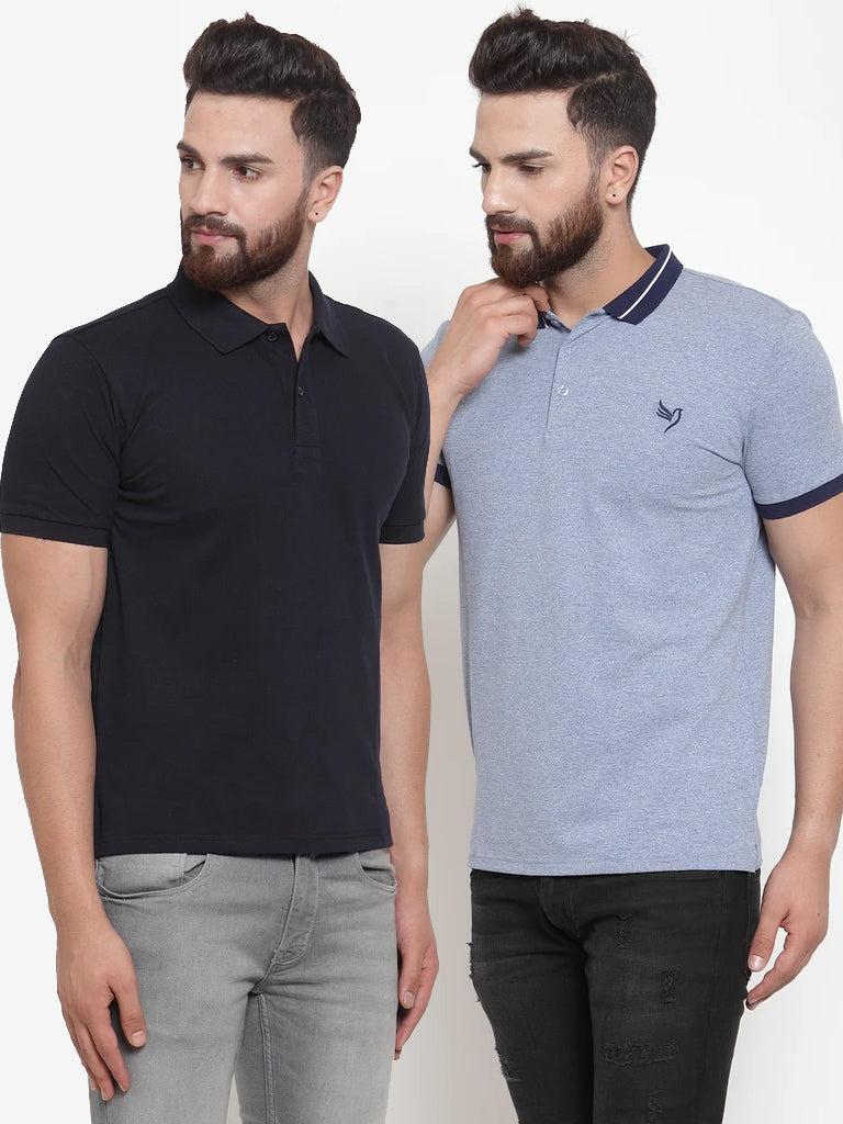Mens Plain Navy And Sky Combo Of 2 Collar Polo T-Shirts