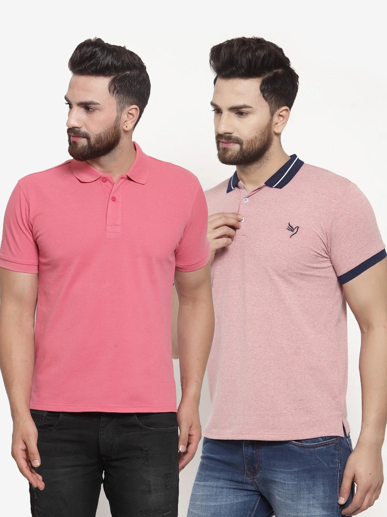 Mens Plain Pink And Red Combo Of 2 Collar T-Shirts