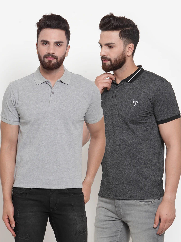 Mens Plain Grey And Black Combo Of 2 Collar Polo T-Shirts