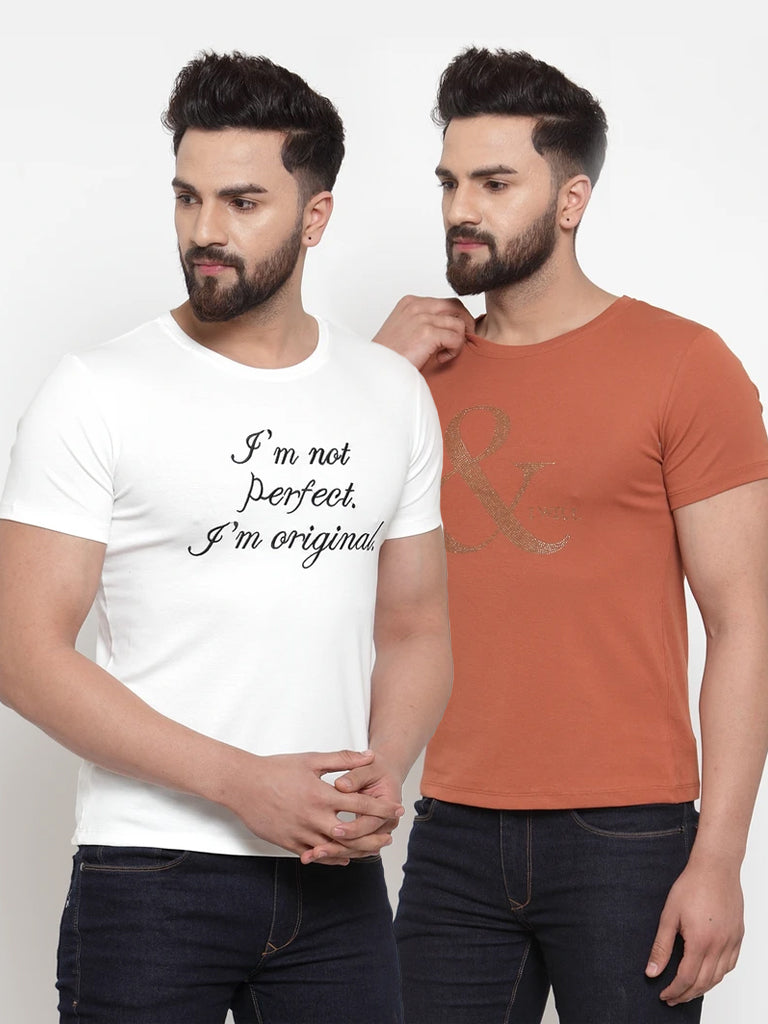 Mens Printed White And Tan Combo Of 2 T-Shirts
