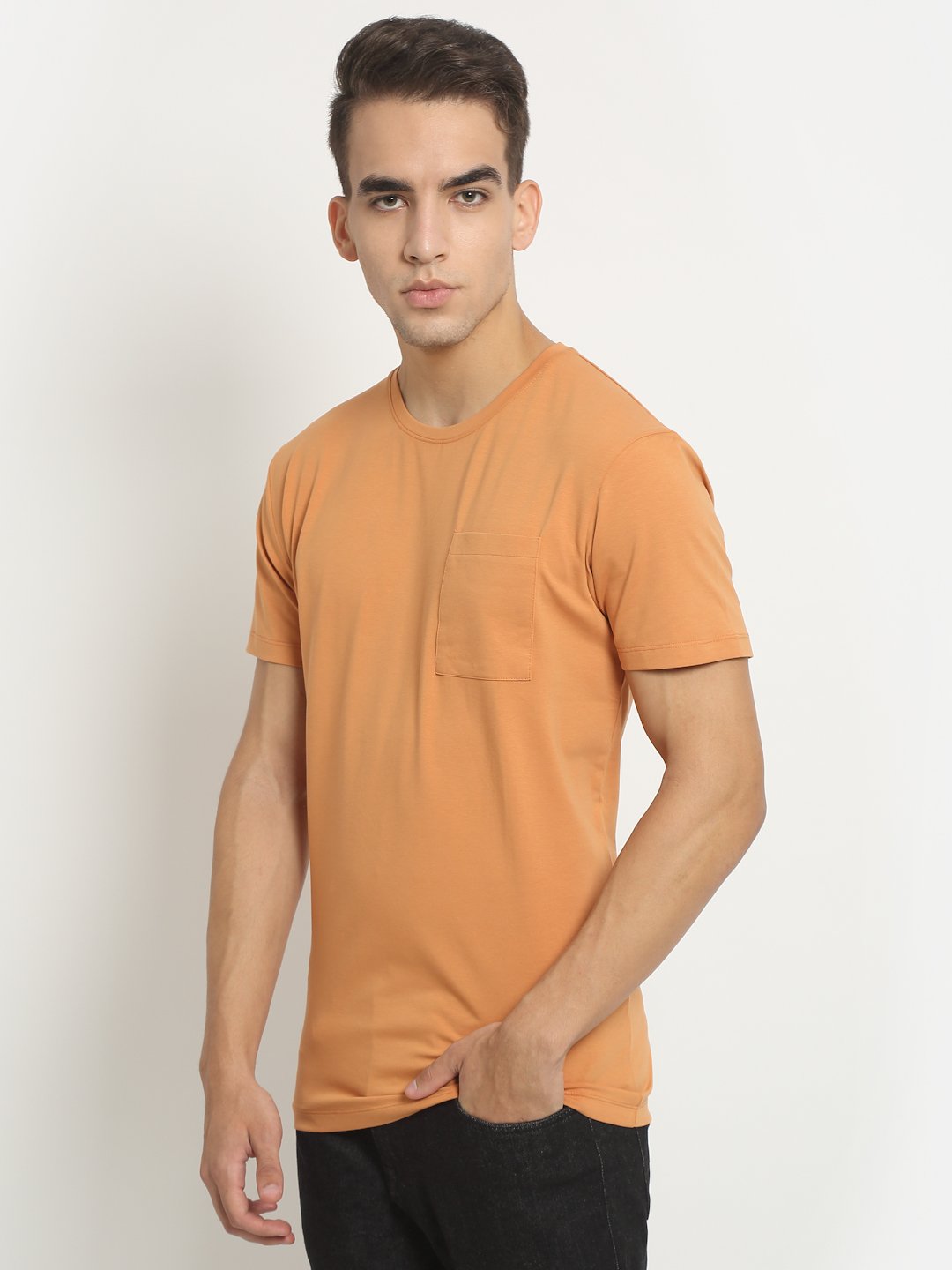 Men Orange Round Neck Cotton Solid T-Shirt