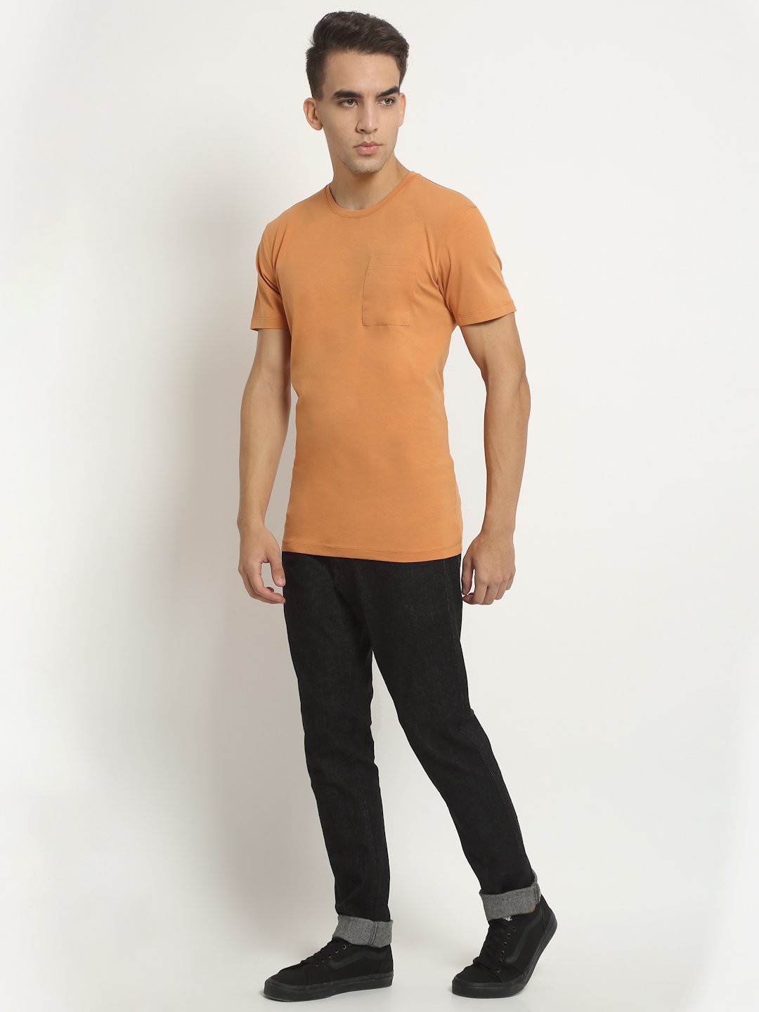 Men Orange Round Neck Cotton Solid T-Shirt