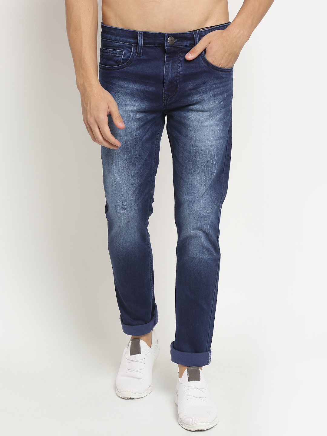 Men Dark Blue Solid Cotton Blend Jeans - Global Republic