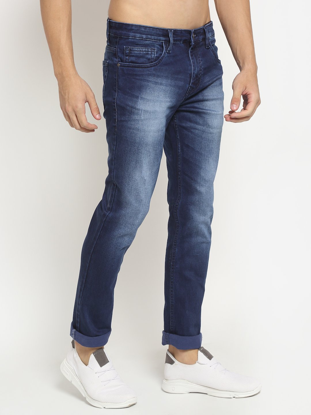 Men Dark Blue Solid Cotton Blend Jeans - Global Republic