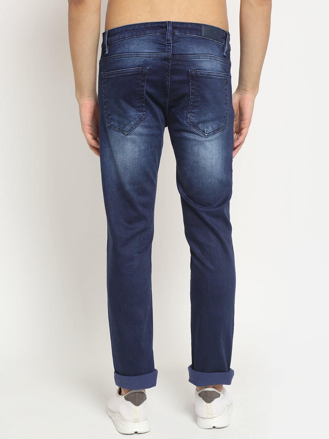 Men Dark Blue Solid Cotton Blend Jeans - Global Republic