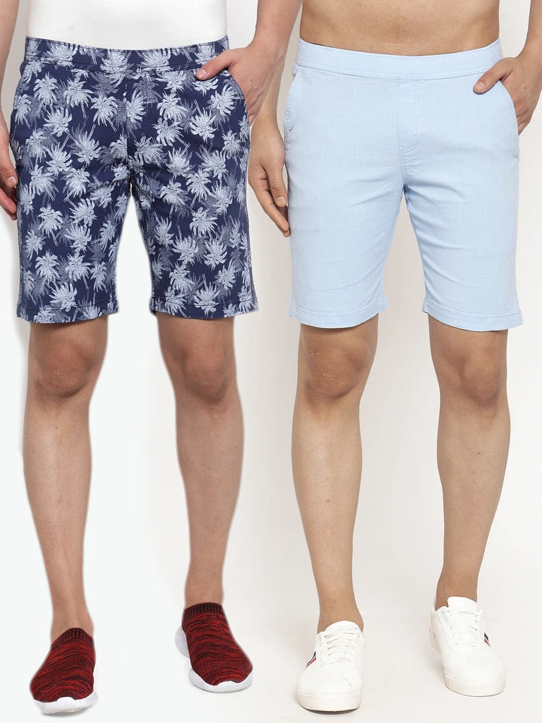 Mens Printed Navy Blue And Plain Sky Blue Combo Of 2 Shorts