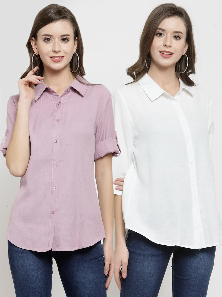 Women Plain Dusty Pink And White Combo Of 2 Collar Shirt