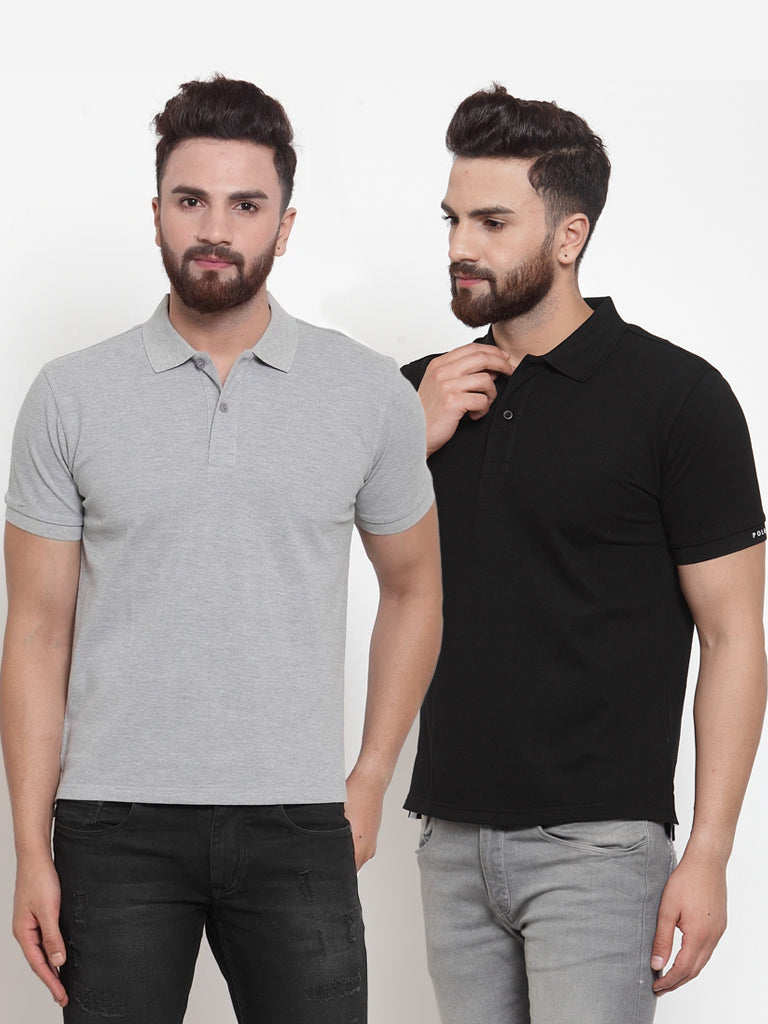 Mens Plain Grey And Black Combo Of 2 Polo T-Shirts