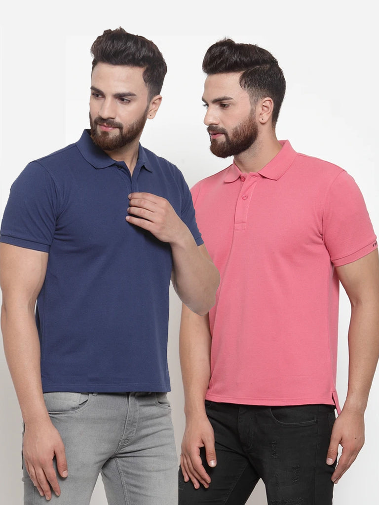 Mens Plain Indigo And Pink Combo Of 2 Polo T-Shirts