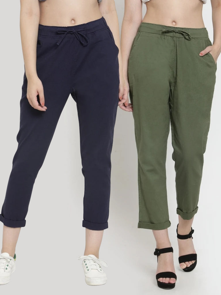 Plain Navy Blue And Melange Green Combo Of 2 Lowers