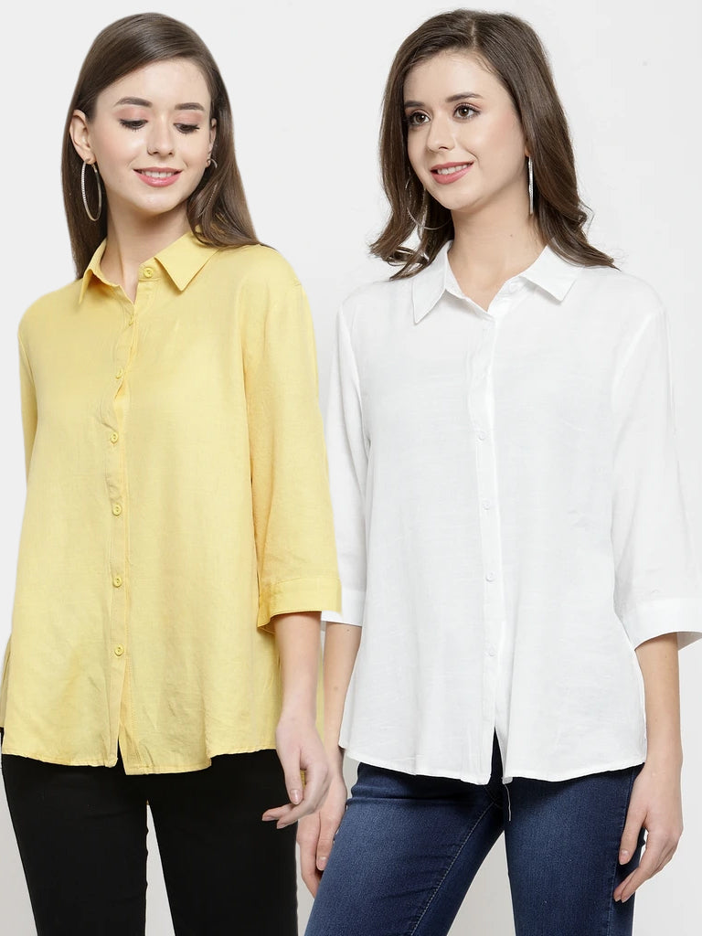 Women Plain White And Yellow Combo Of 2 Collar Shirt