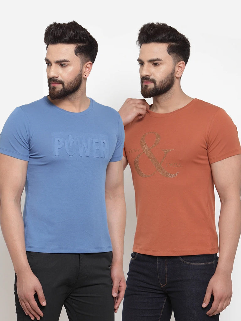 Mens Printed Blue And Tan Combo Of 2 T-Shirts
