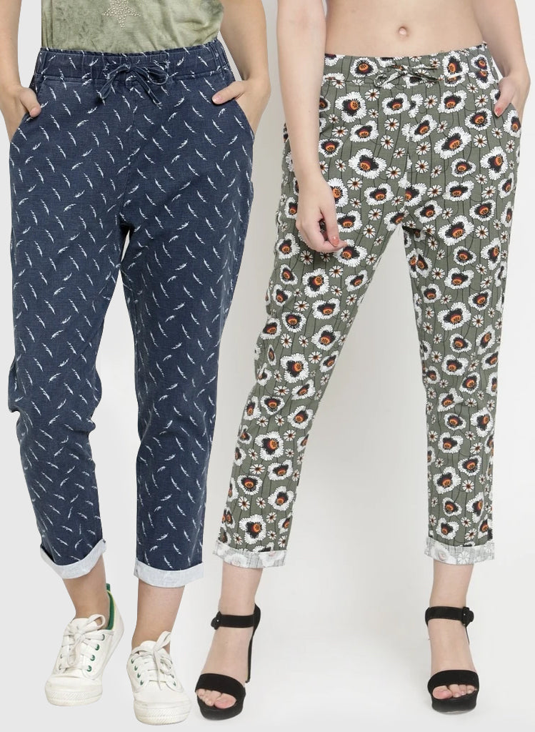 Printed Navy Blue And Green Combo Of 2 Lowers