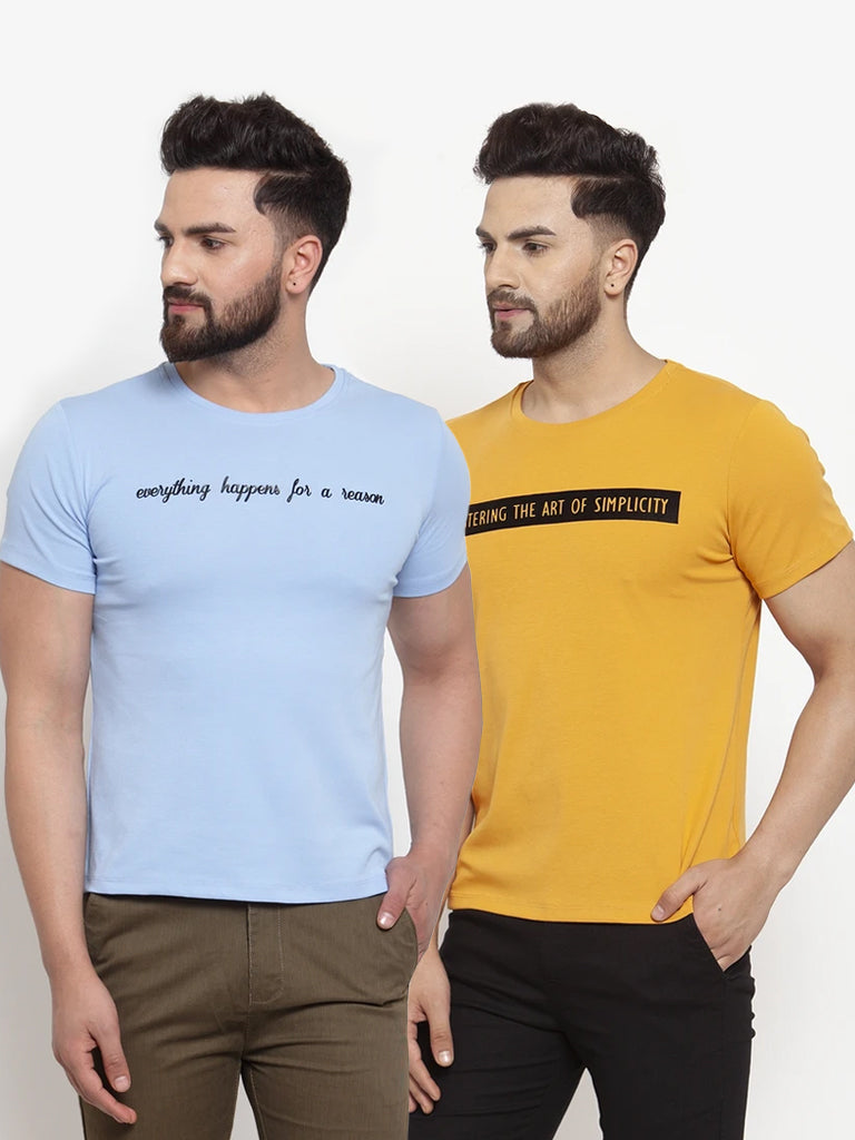 Mens Printed Sky And Mustard Combo Of 2 T-Shirts