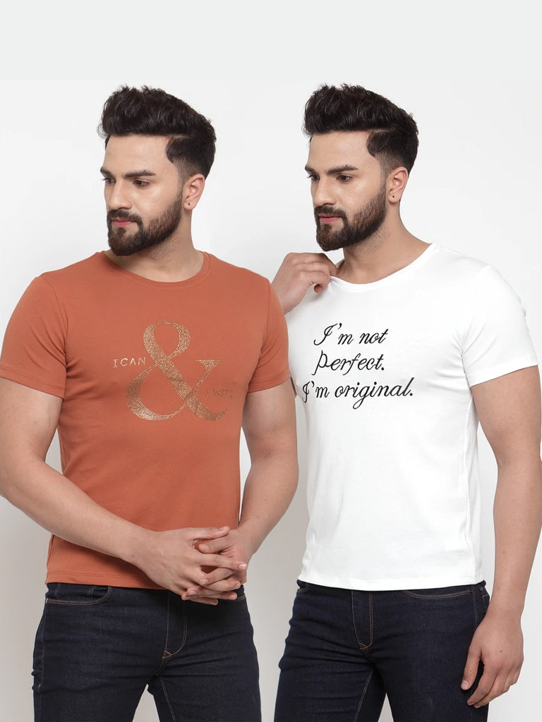 Mens Printed Tan And White Combo Of 2 T-Shirts