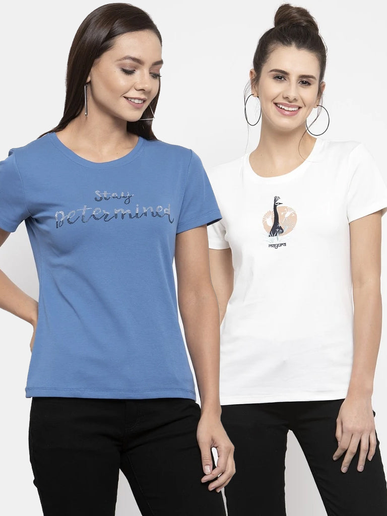 Ladies alpha and giraffe Printed Combo Of 2 T-Shirts