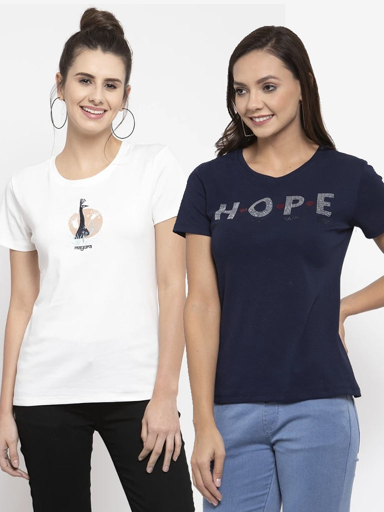 Ladies Printed White And Navy Combo Of 2 T-Shirts