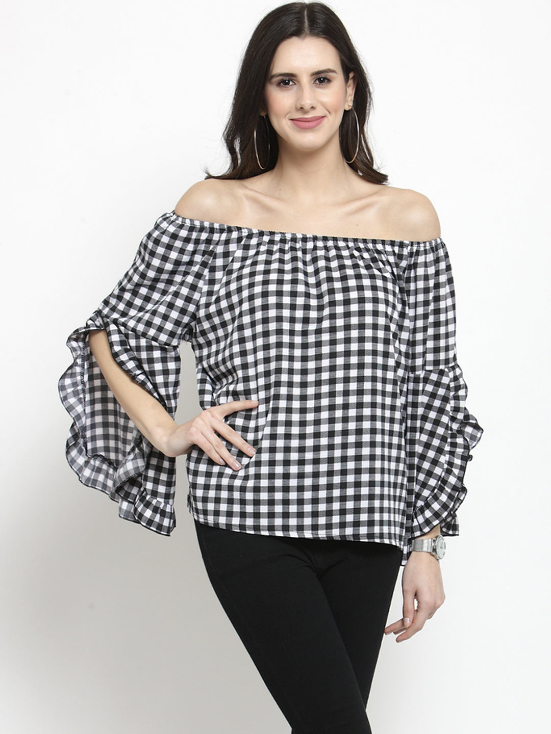 Women Checked Black Off Shoulder Top
