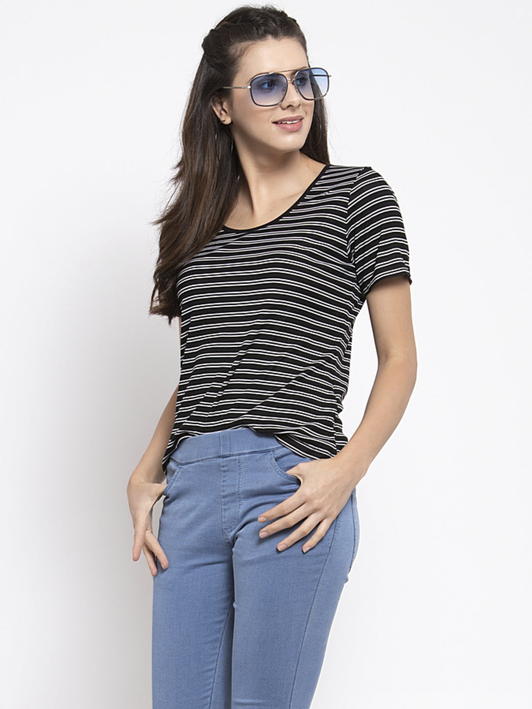 Women Striped Black Scoop Neck T-Shirt