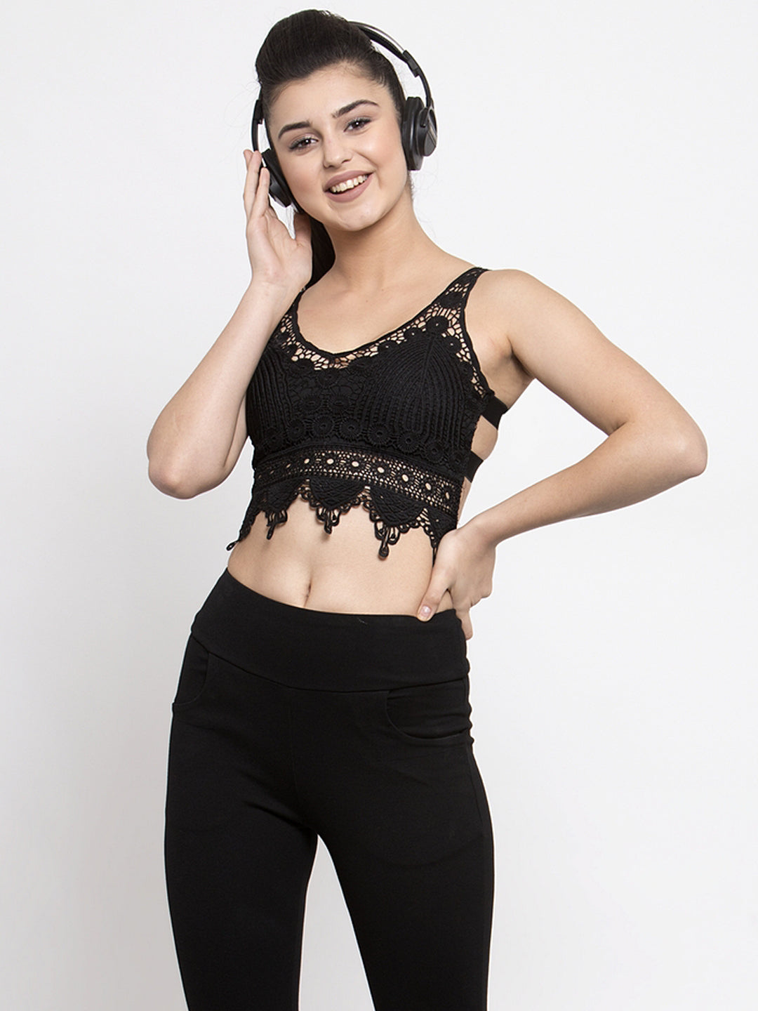 Women Solid Black Lace V-Neck Crop Top