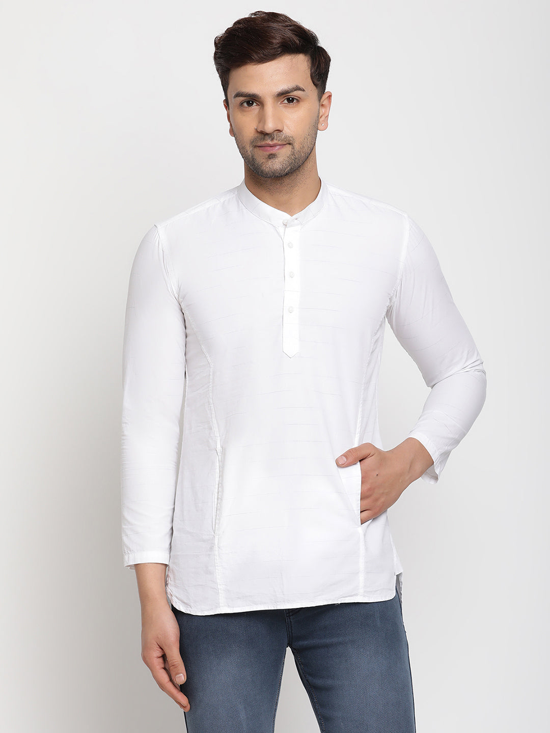 Men Straight-Fit Kurta Style White Cotton Shirt - Global Republic